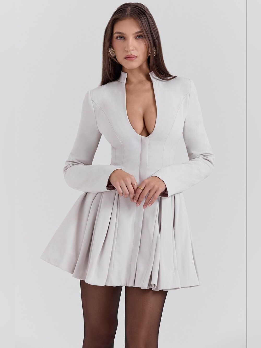 'Heiress' Long Sleeve Mini Plunging V-Neck Pleated Mini Dress - Light Gray
